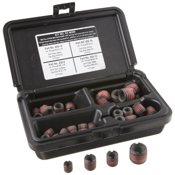 E-Z LOK - EZ-M200 Threaded Inserts For Metal; Assortment Kit; Carbon Steel; Metric Internal Threads, M8-1.25, M10-.5, M12-1.75, M16-2.0; 33 pieces CA3