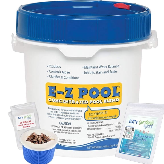 E-Z Pool Concentrated Pool Blend 10 LB - EZP10 with My Garden Pool 20 Ct. Test Strips & 2 Pack Pool Skimmer Socks and Pool-IQ, Smart Pool AI Assistant!