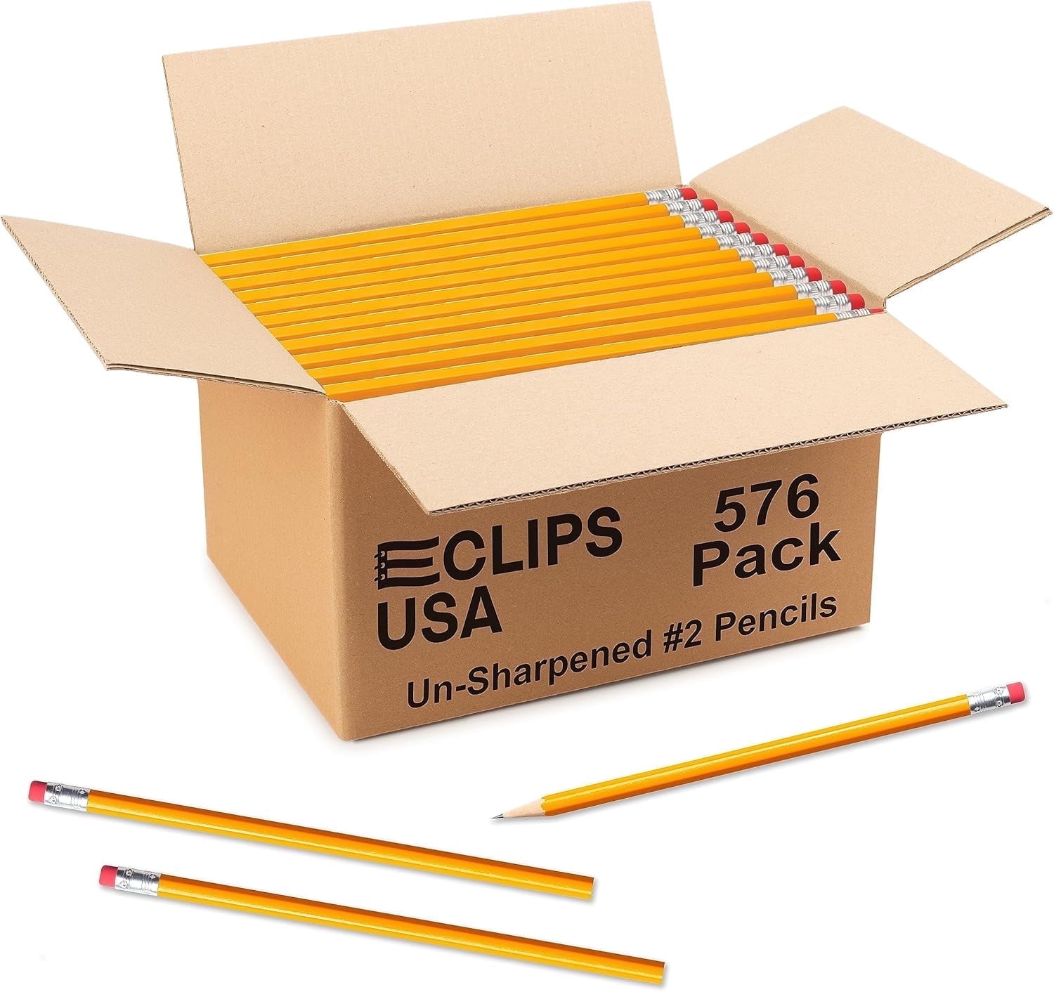 E-Clips USA Graphite Pencils, Unsharpened Drawing Pencils with Erasers, 576 Bulk Pack