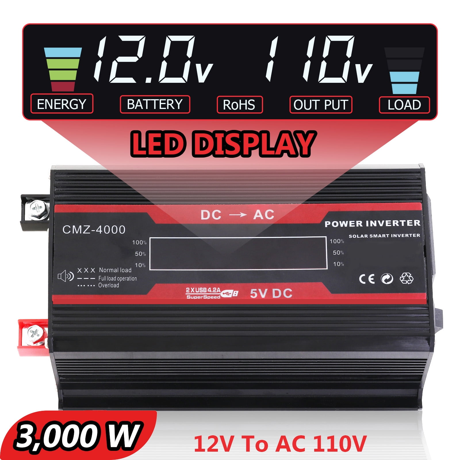 Power Inverter For Car 5000 Watts Surge Power 12V DC to 110V AC Modified Sine Wave, Power Converter for Vehicles and Outdoor Use with 3 USB Ports
