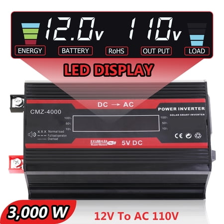 Power Inverter For Car 5000 Watts Surge Power 12V DC to 110V AC Modified Sine Wave, Power Converter for Vehicles and Outdoor Use with 3 USB Ports