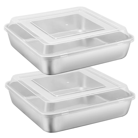 E-far 9 Inch Square Cake Pan with lid, 9x9 Baking Brownie Pans Stainless Steel Bakeware Set of 2, Non-toxic & Healthy, Easy Clean & Dishwasher Safe - 4 Pieces(2 Pans + 2 Lids)