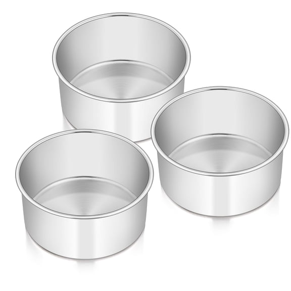 E-far Cake Pans Set of 3, 6 x 3 Inch Stainless Steel Round Cake Baking Pans Tins for Wedding Birthday, Deep Side & Non-toxic, Oven & Dishwasher Safe, Mirror Finish & Straight Side Y114