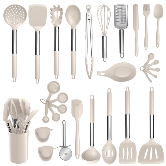 E-far Silicone Cooking Utensils Set, 30 Pcs Heat Kitchen Utensils with Stainless Steel Handle, Heat Kitchen Spatulas Turner Tong Spoon Whisk Ladle for Nonstick Cookware, Khaki Y101