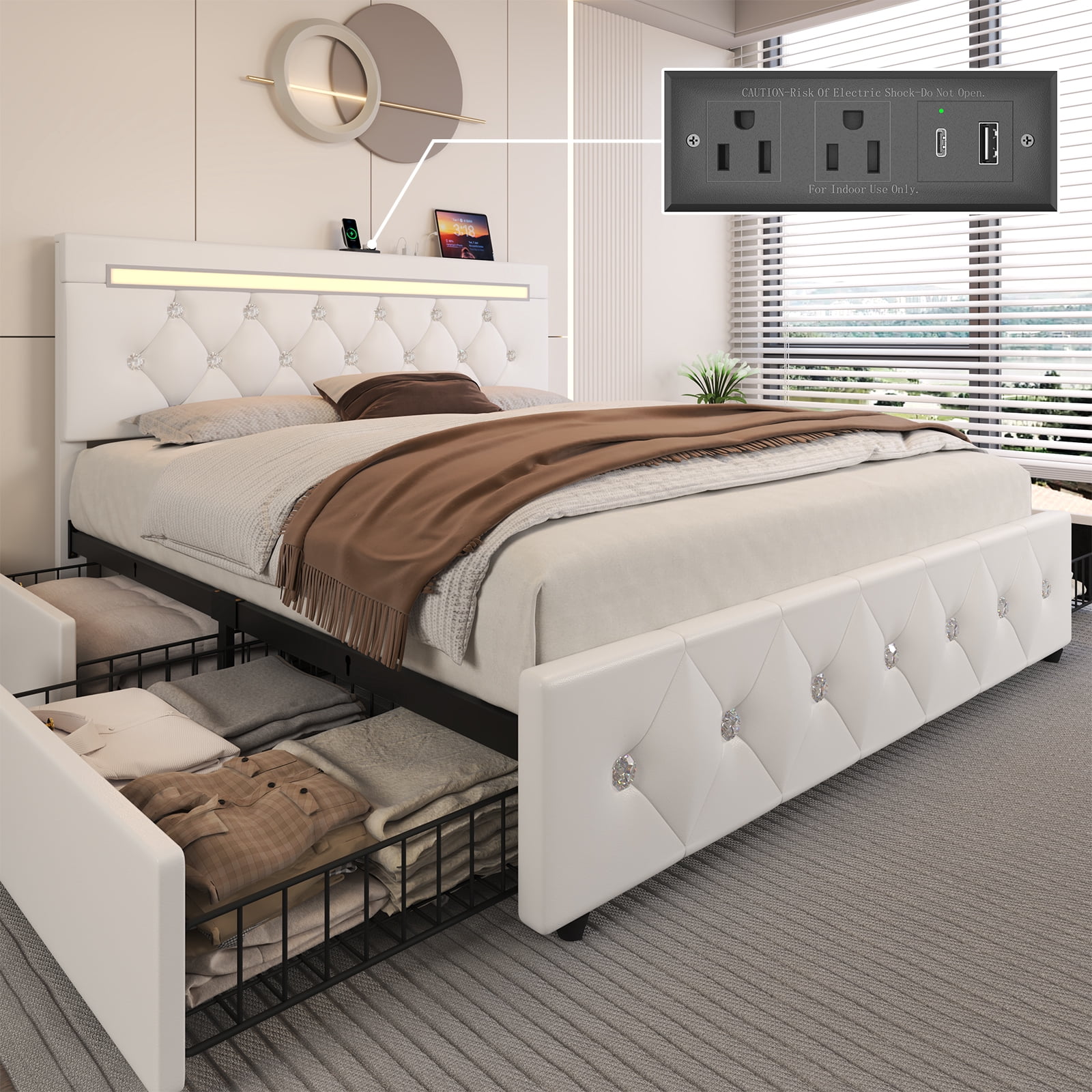E-Motie Full Size LED Bed Frame with 4 Storage Drawers , Upholstered ...