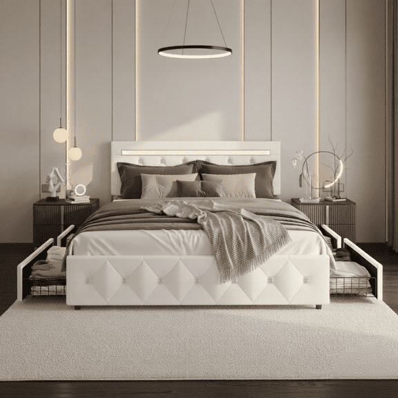 E-Motie Full Size LED Bed Frame with 4 Storage Drawers , Upholstered Platform Bed Frame with Outlets and Charging Ports, PU Leather, White