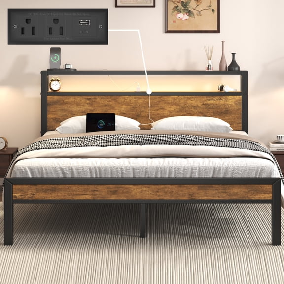 E-motie Full Bed Frame with Storage Headboard, Metal Platform Bed Frame with LED and Charging Station, Brown