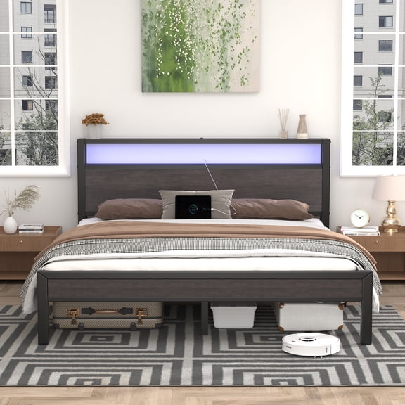 E-motie Full Bed Frame with Storage Headboard, Metal Platform Bed Frame with LED and Charging Station, Gray