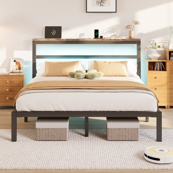 E-motie Full Size Bed Frame with Storage Headboard, Heavy Duty Platform Bed Frame with Charging Station and LED Light, Easy to Assemble, No Box Spring Required, Black