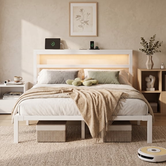 E-motie Full Size Bed Frame with Storage Headboard, Heavy Duty Platform Bed Frame with Charging Station and LED Light, Easy to Assemble, No Box Spring Required, White