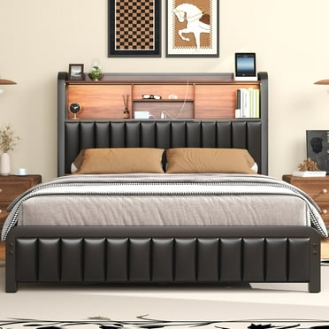 Full Size Iron Bed Frame with Storage Headboard, Metal Platform Bed with LED and Charging Station, No Box Spring Required, Black