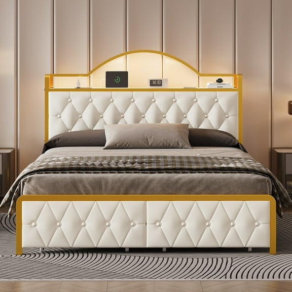 E-motie Full Size Bed Frame with 2 Storage Drawers, Upholstered Platform Bed with LED Light & Charging Station, Diamond Tufted Upholstered Headboard, PU Leather, White