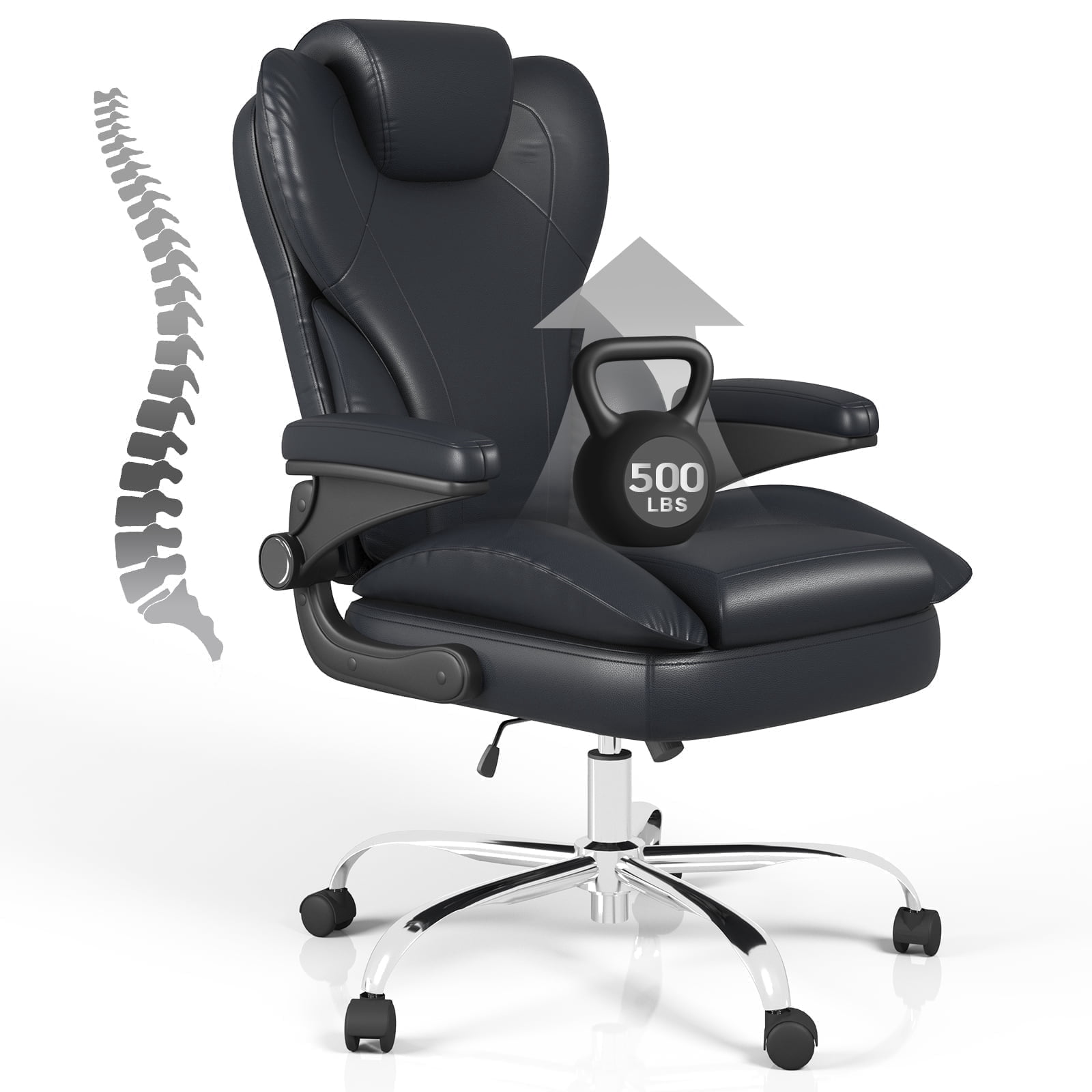 E-motie Home Office Chair with Flip-up Arms, Adjustable High Back Chair, Quiet Nylon Wheels, Black