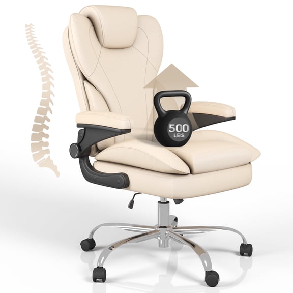 E-motie Home Office Chair with Flip-up Arms, Adjustable High Back Chair, Quiet Nylon Wheels, Beige