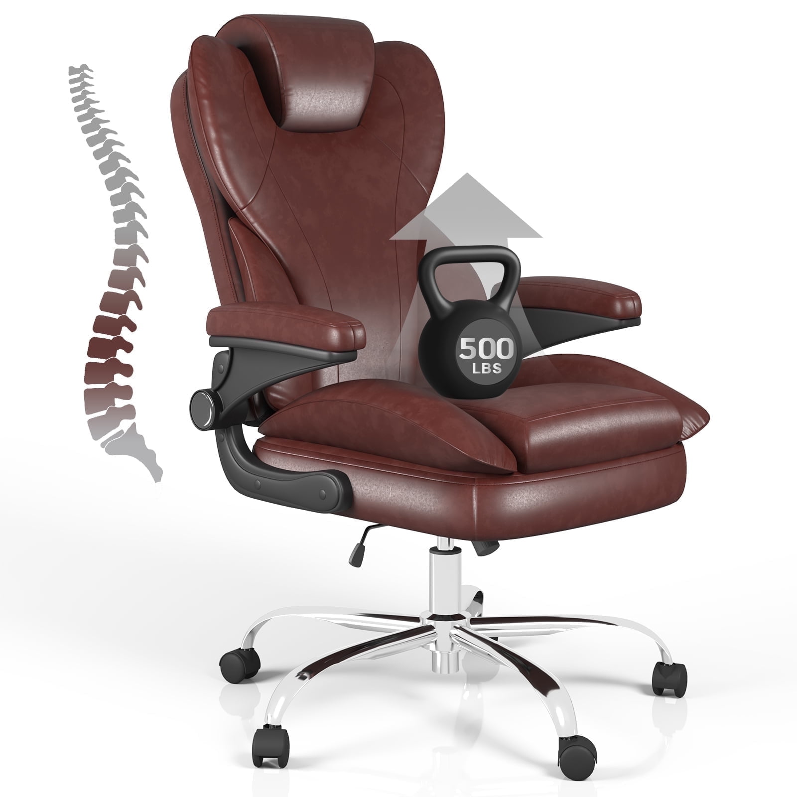 E-motie Home Office Chair with Flip-up Arms, Adjustable High Back Chair, Quiet Nylon Wheels, Brown