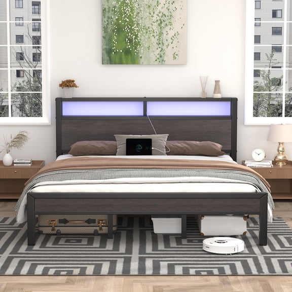 E-motie King Bed Frame with Storage Headboard, Metal Platform Bed Frame with LED and Charging Station, Gray