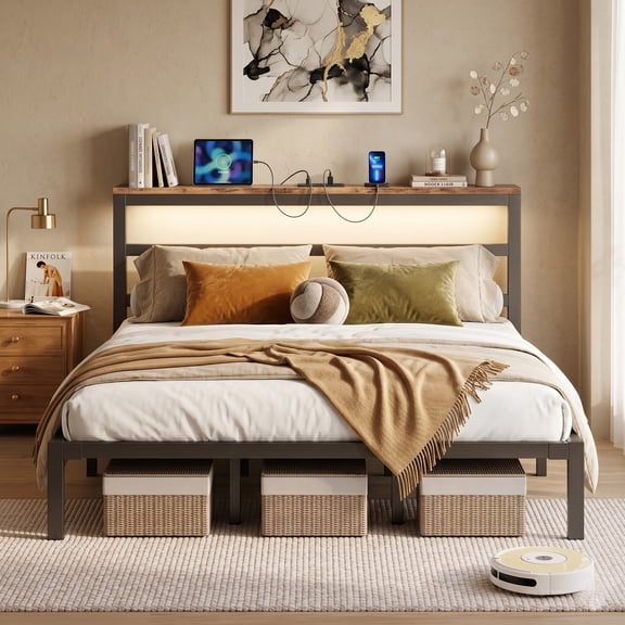 E-motie King Size Bed Frame with Storage Headboard, Heavy Duty Platform Bed Frame with Charging Station and LED Light, Easy to Assemble, No Box Spring Required, Black