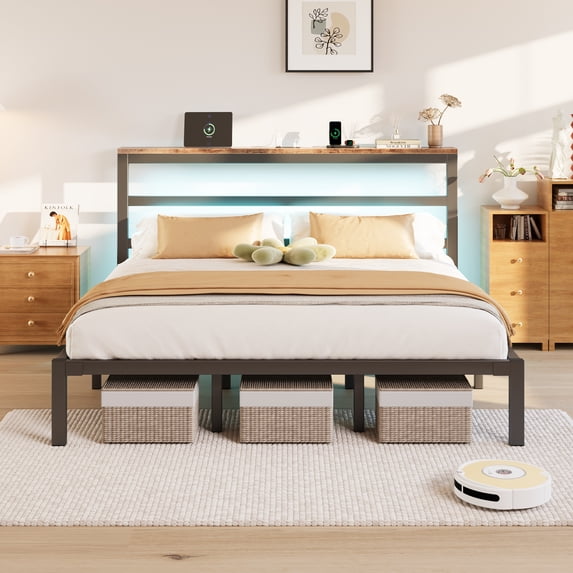 E-motie King Size Bed Frame with Storage Headboard, Heavy Duty Platform Bed Frame with Charging Station and LED Light, Easy to Assemble, No Box Spring Required, Black