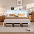 thumbnail image 1 of E-motie King Size Bed Frame with Storage Headboard, Heavy Duty Platform Bed Frame with Charging Station and LED Light, Easy to Assemble, No Box Spring Required, White, 1 of 9