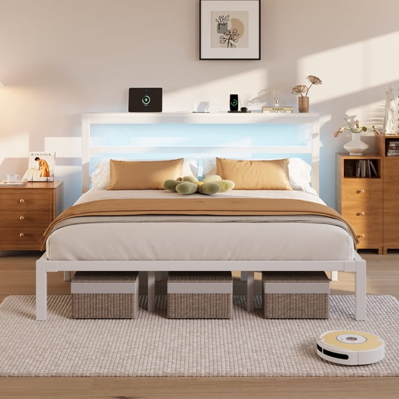 E-motie King Size Bed Frame with Storage Headboard, Heavy Duty Platform Bed Frame with Charging Station and LED Light, Easy to Assemble, No Box Spring Required, White