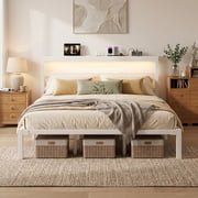 E-motie King Size Bed Frame with Storage Headboard, Heavy Duty Platform Bed Frame with Charging Station and LED Light, Easy to Assemble, No Box Spring Required, White