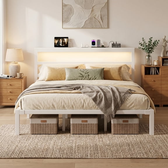 E-motie King Size Bed Frame with Storage Headboard, Heavy Duty Platform Bed Frame with Charging Station and LED Light, Easy to Assemble, No Box Spring Required, White