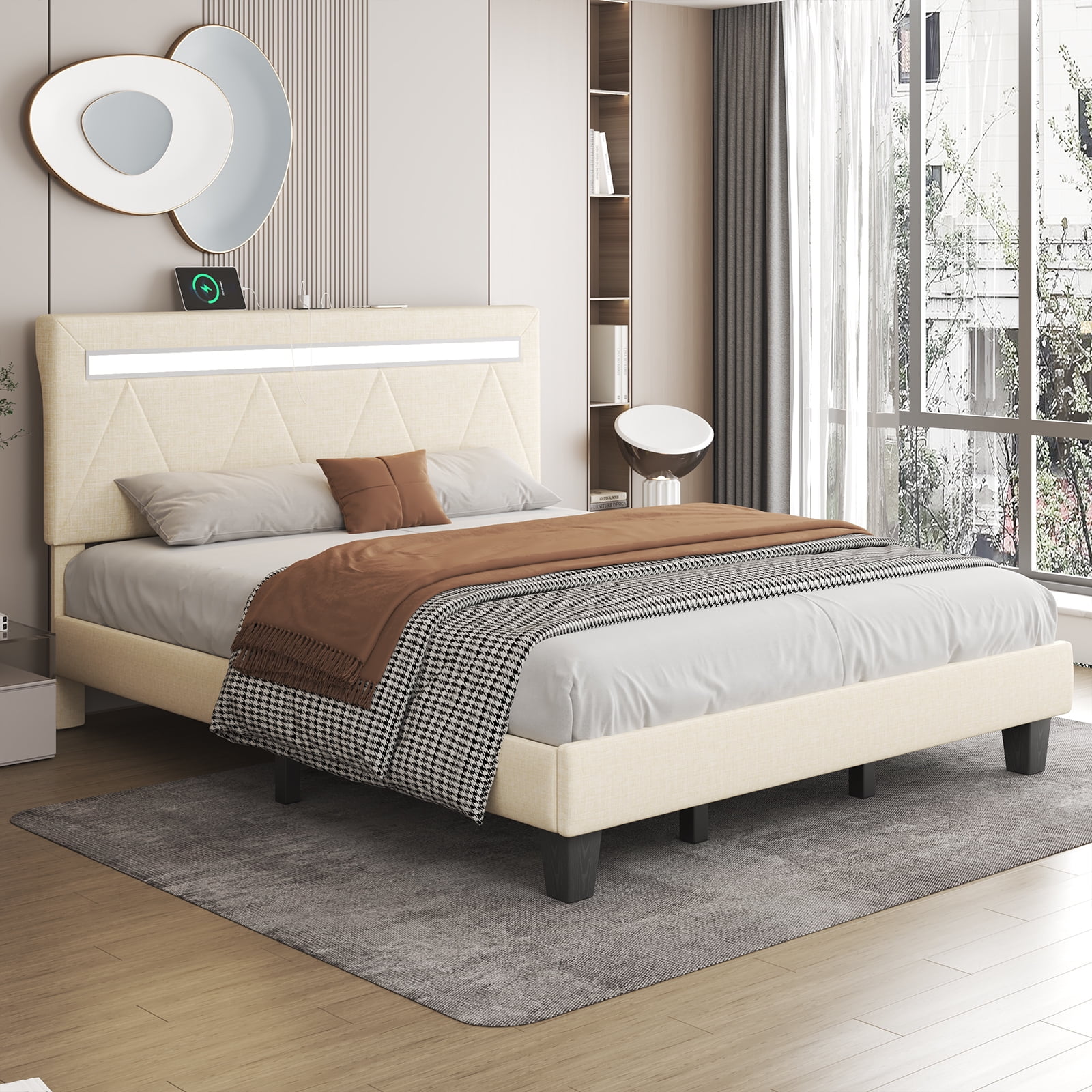 Beige King Upholstered Bed Frame with LED Lighted Headboard and Charging Station