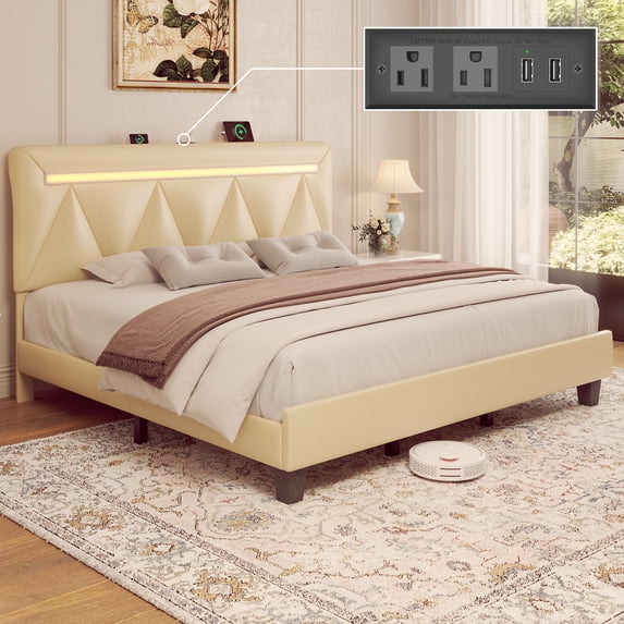 E-motie King Size Bed Frame with Upholstered Headboard, Platform Bed with LED Lights Charging Station, Beige