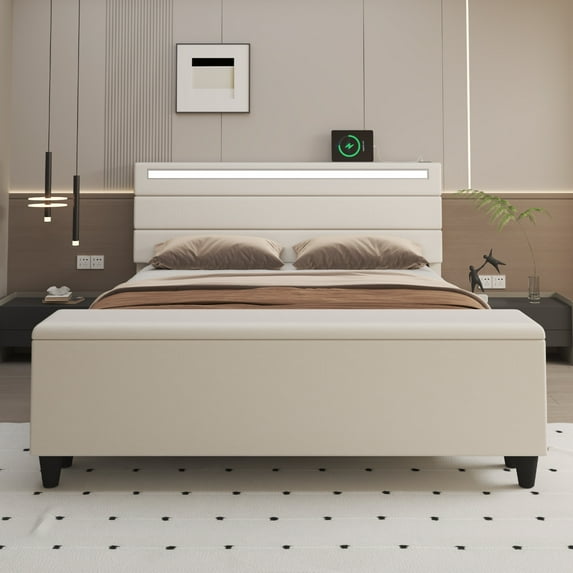 E-motie King Size Upholstered LED Bed Frame with Storage Ottoman and USB Ports, Beige