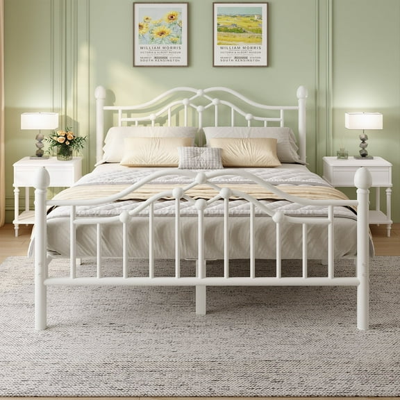 E-Motie Metal Platform Bed Frame Full Size with Vintage Victorian Headboard & Footboard, White