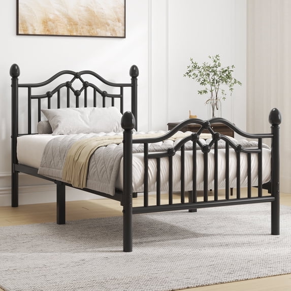 E-Motie Metal Bed Frame Twin Size with Vintage Victorian Headboard & Footboard, Black
