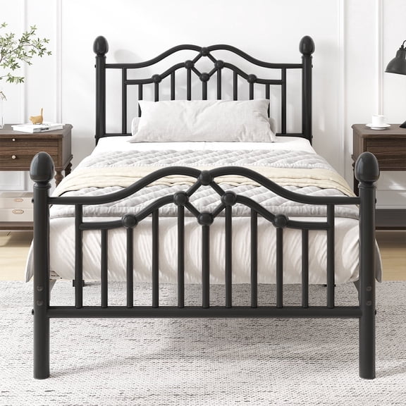 E-Motie Metal Platform Bed Frame Twin Size with Vintage Victorian Headboard & Footboard, Black