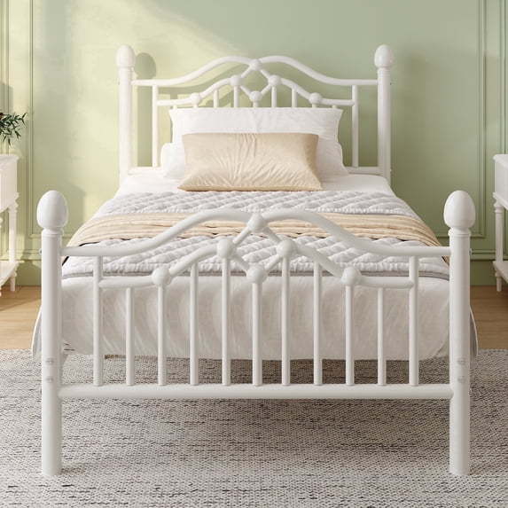 E-Motie Metal Bed Frame Twin Size with Vintage Victorian Headboard & Footboard, White