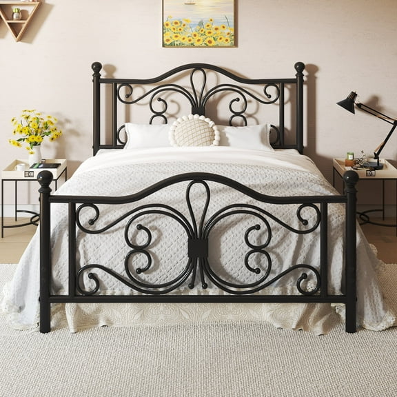 E-motie Metal Platform Bed Frame Full Size with Butterfly Pattern Vintage Headboard & Footboard, Underbed Storage, Black