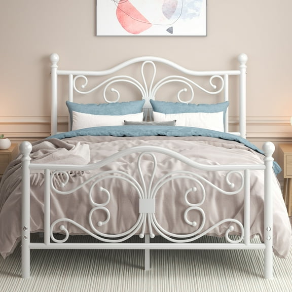 E-motie Metal Platform Bed Frame Queen Size with Butterfly Pattern Vintage Headboard & Footboard, Underbed Storage, White