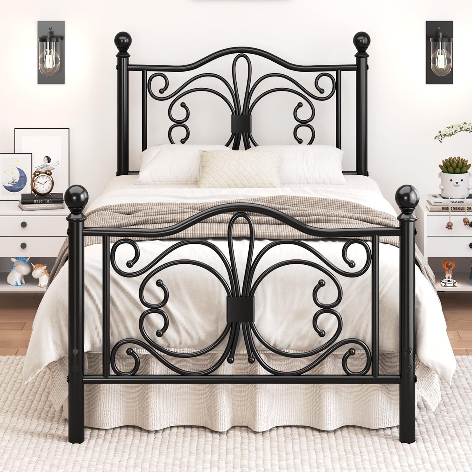 E-motie Metal Platform Bed Frame Twin Size with Butterfly Pattern Vintage Headboard & Footboard, Underbed Storage, Black