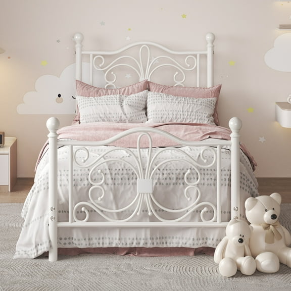 E-motie Metal Platform Bed Frame Twin Size with Butterfly Pattern Vintage Headboard & Footboard, Underbed Storage, White