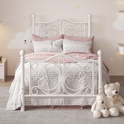 E-motie Metal Platform Bed Frame Twin Size with Butterfly Pattern Vintage Headboard & Footboard, Underbed Storage, White