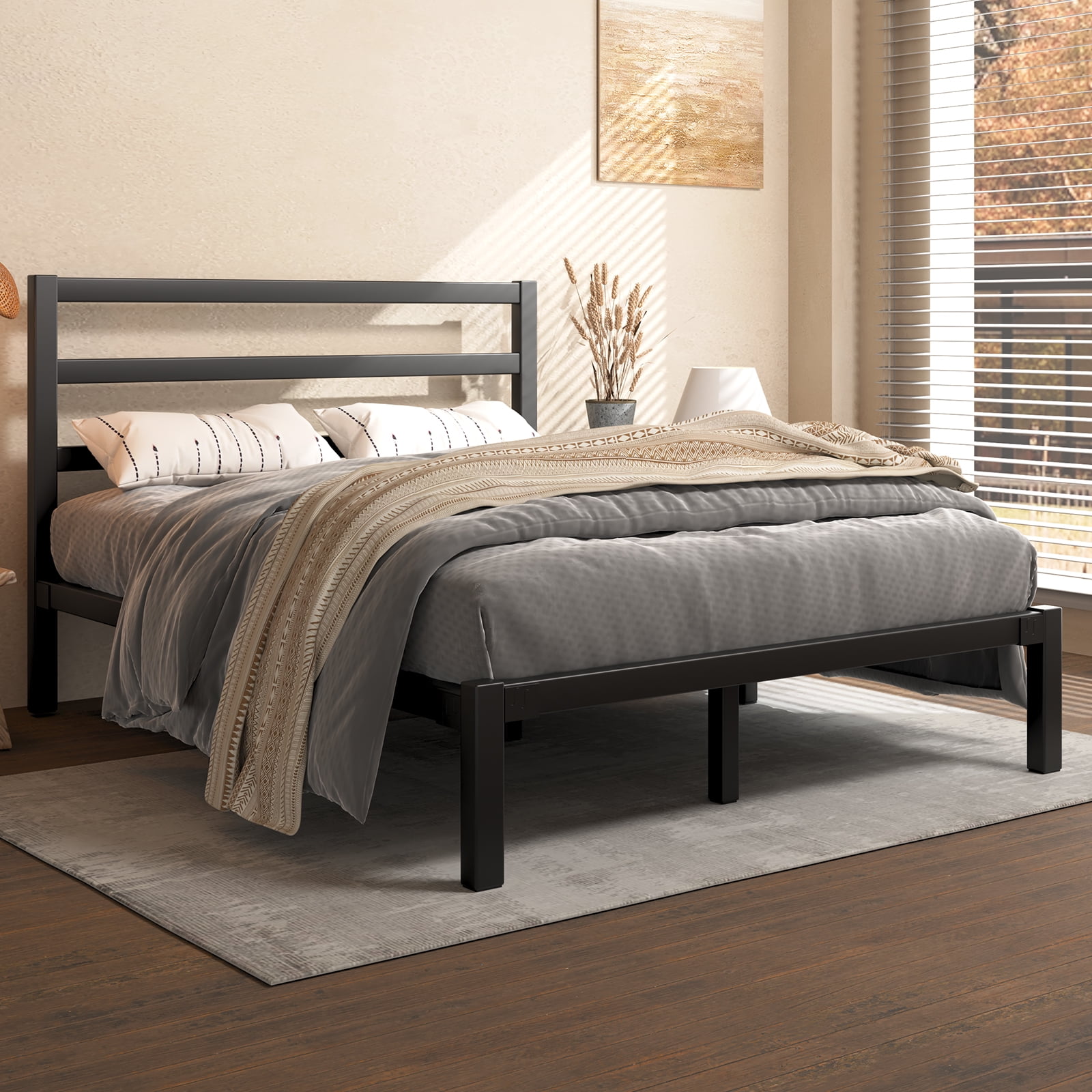 E-motie Full Size Metal Platform Bed Frame with Headboard, Heavy Duty ...