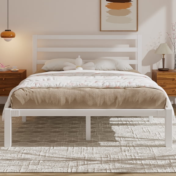 E-motie Full Size Metal Platform Bed Frame with Headboard, Heavy Duty Metal Slat Mattress Foundation, Easy Assembly, No Box Spring Needed, White