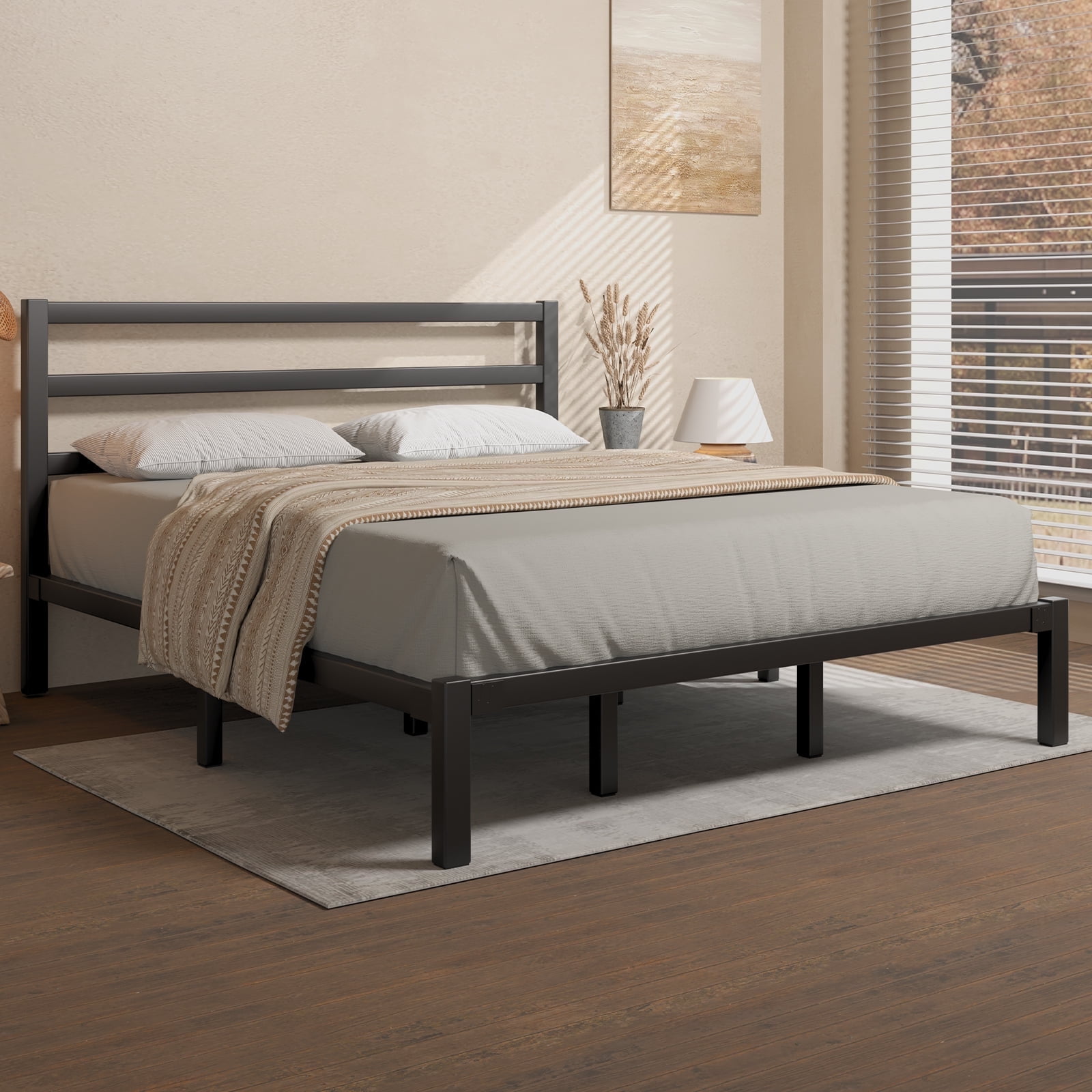 E-motie King Size Metal Platform Bed Frame with Headboard, Heavy Duty Metal Slat Mattress Foundation, Easy Assembly, No Box Spring Needed, Black
