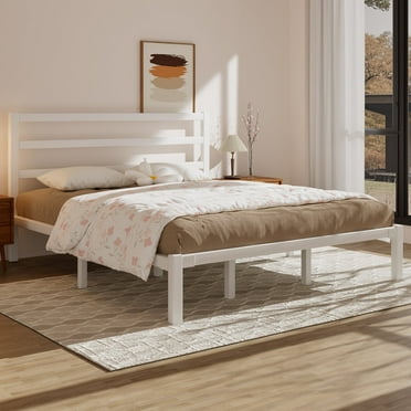 E-motie King Size Metal Platform Bed Frame with Headboard, Heavy Duty Metal Slat Mattress Foundation, Easy Assembly, No Box Spring Needed, White