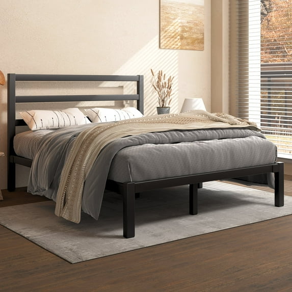 E-motie Queen Size Metal Platform Bed Frame with Headboard, Heavy Duty Metal Slat Mattress Foundation, Easy Assembly, No Box Spring Needed, Black