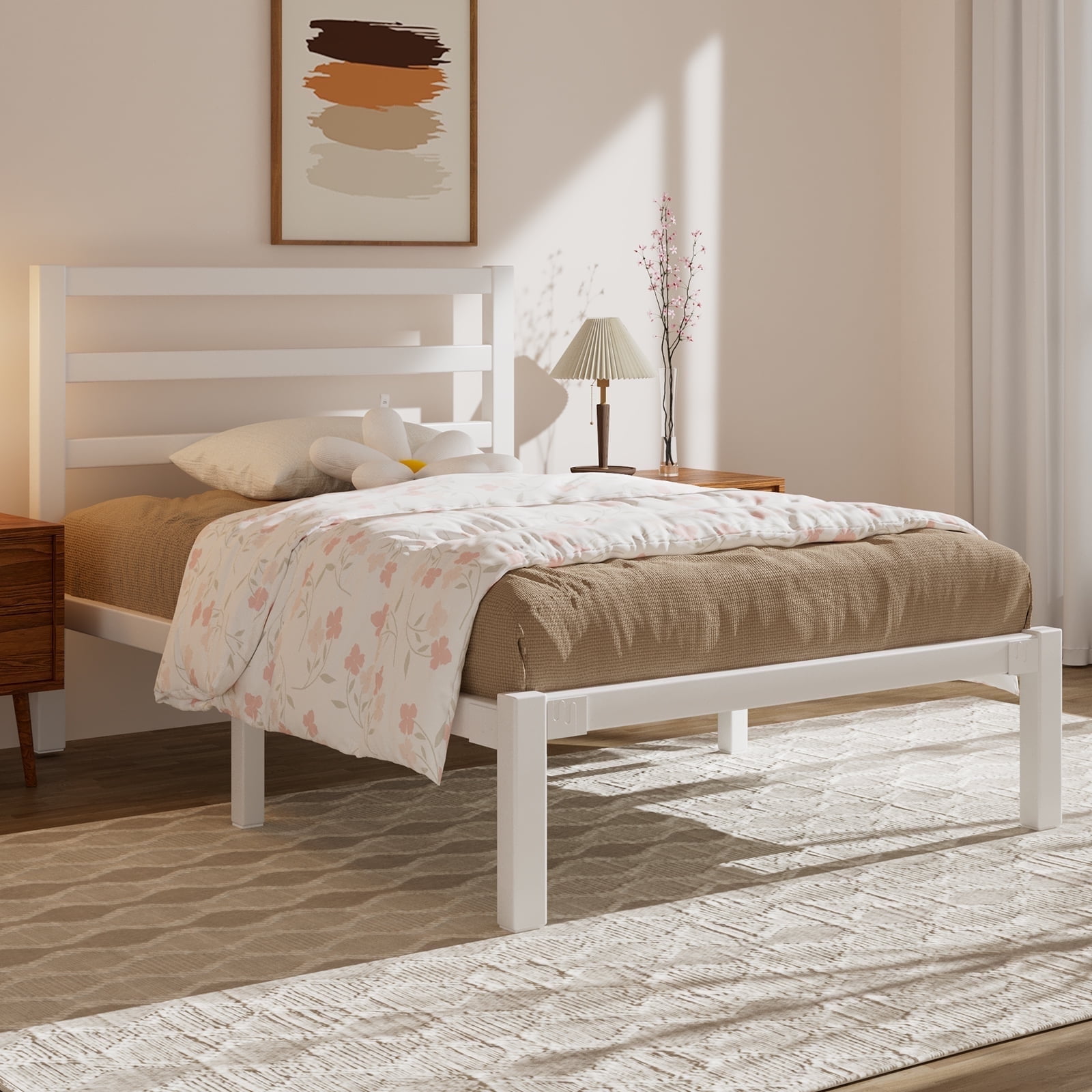 E-motie Twin Size Metal Platform Bed Frame with Headboard, Heavy Duty Metal Slat Mattress Foundation, Easy Assembly, No Box Spring Needed, White
