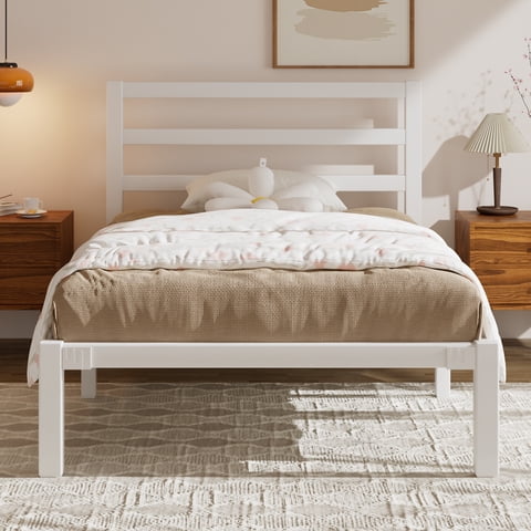 E-motie Twin Size Metal Platform Bed Frame with Headboard, Heavy Duty Metal Slat Mattress Foundation, Easy Assembly, No Box Spring Needed, White