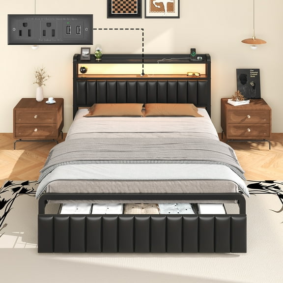 Full Size Bed Frame with LED Headboard, Metal Platform Bed with Storage Drawer, No Box Spring Needed