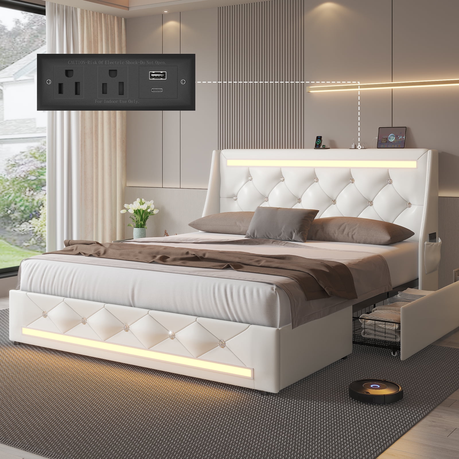 E-motie Queen Bed Frame with 2 Storage Drawers, Upholstered Headboard with LED Light & Charging Station, Diamond Tufted Style, Pu Leather, White