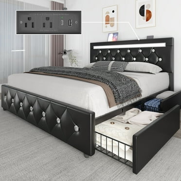 E-motie Queen Bed Frame with Storage Drawers and Led Headboard, Platform Bed Frame Charging Station, Black