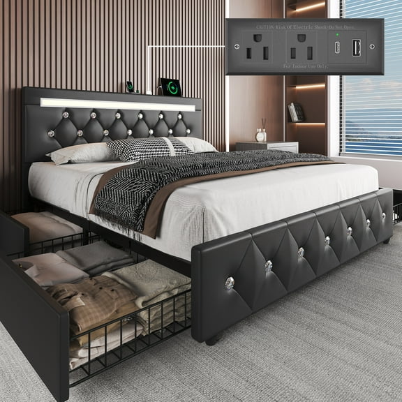 E-Motie Queen Size LED Bed Frame with 4 Storage Drawers , Upholstered Platform Bed Frame with Outlets and Charging Ports, PU Leather, Black