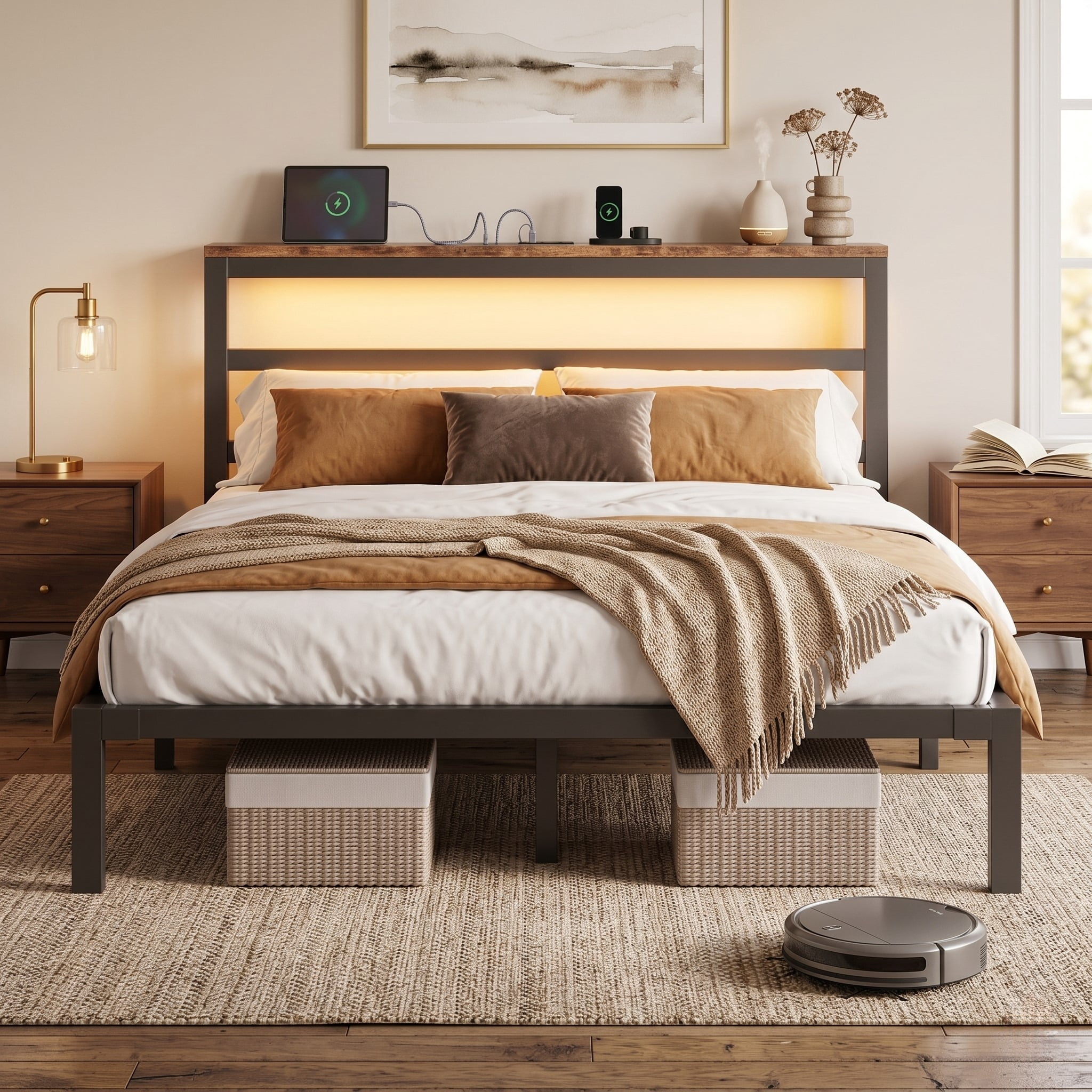 E-motie Queen Size Bed Frame with Storage Headboard, Heavy Duty Platform Bed Frame with Charging Station and LED Light, Easy to Assemble, No Box Spring Required, Black